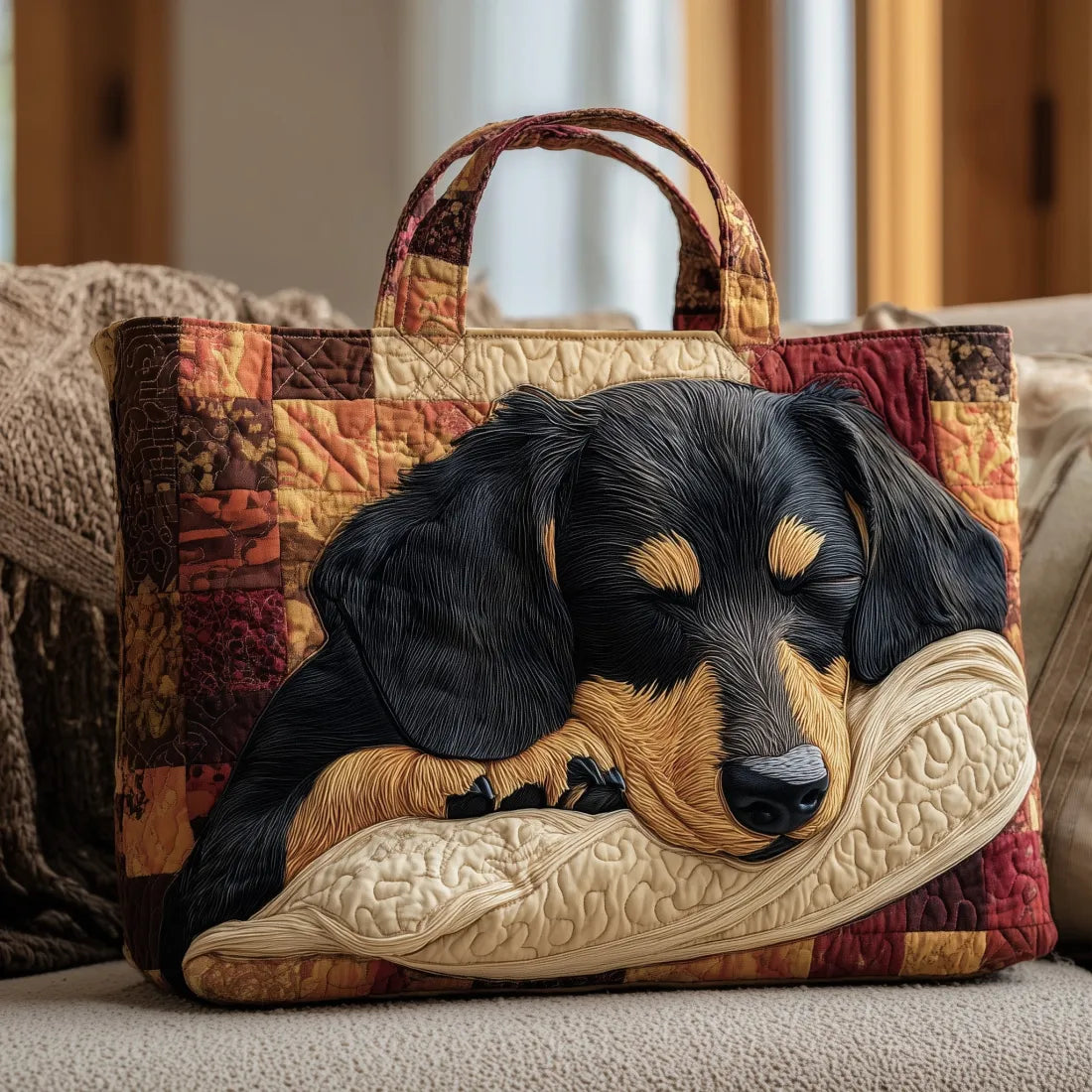 Sac Artisanal Teckel Endormi - sac matelassé fait main