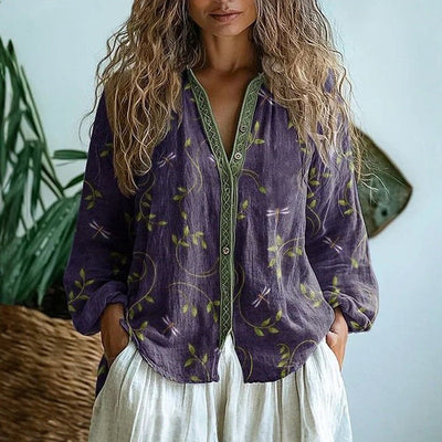 Blouse Ambre Vintage avec Imprimé Feuilles