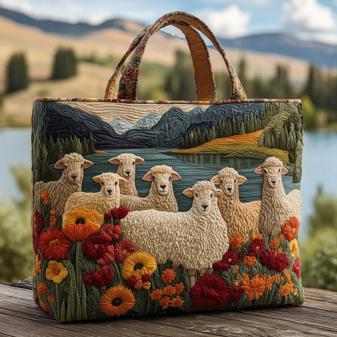 Sac Artisanal Moutons Bucoliques - sac matelassé fait main