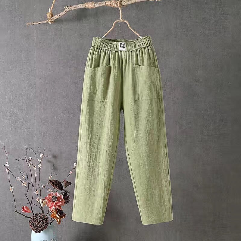 Pantalon décontracté en coton et lin avec taille élastique