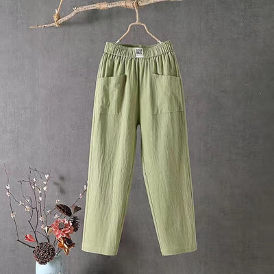 Pantalon décontracté en coton et lin avec taille élastique