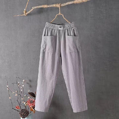 Pantalon décontracté en coton et lin avec taille élastique