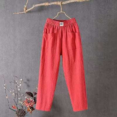 Pantalon décontracté en coton et lin avec taille élastique