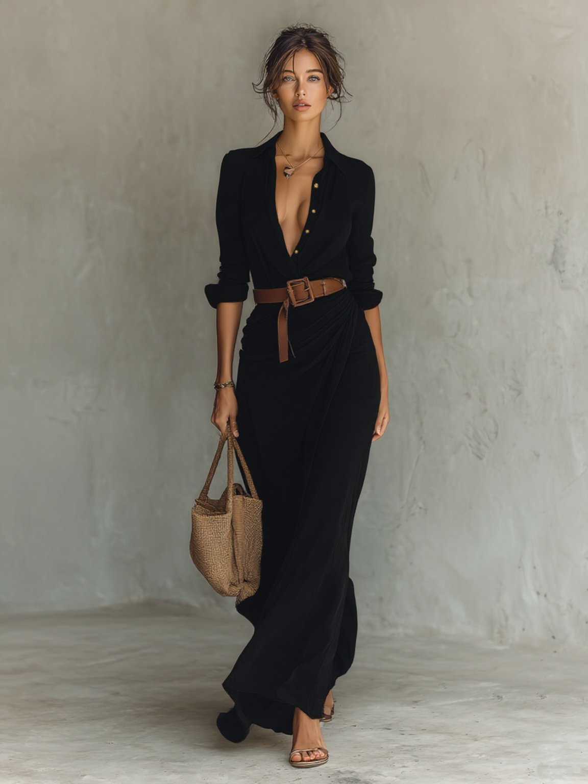 Robe Maxi Longue avec Col Revers Ceinture incluse