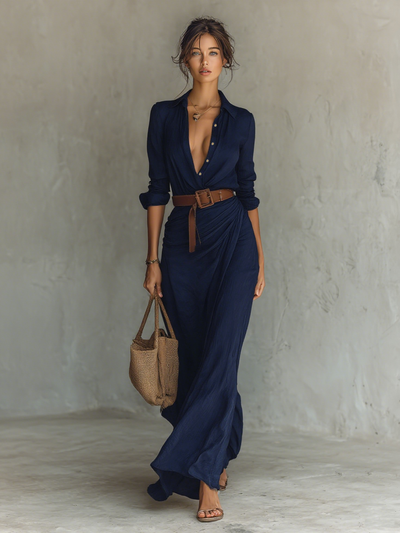 Robe Maxi Longue avec Col Revers Ceinture incluse