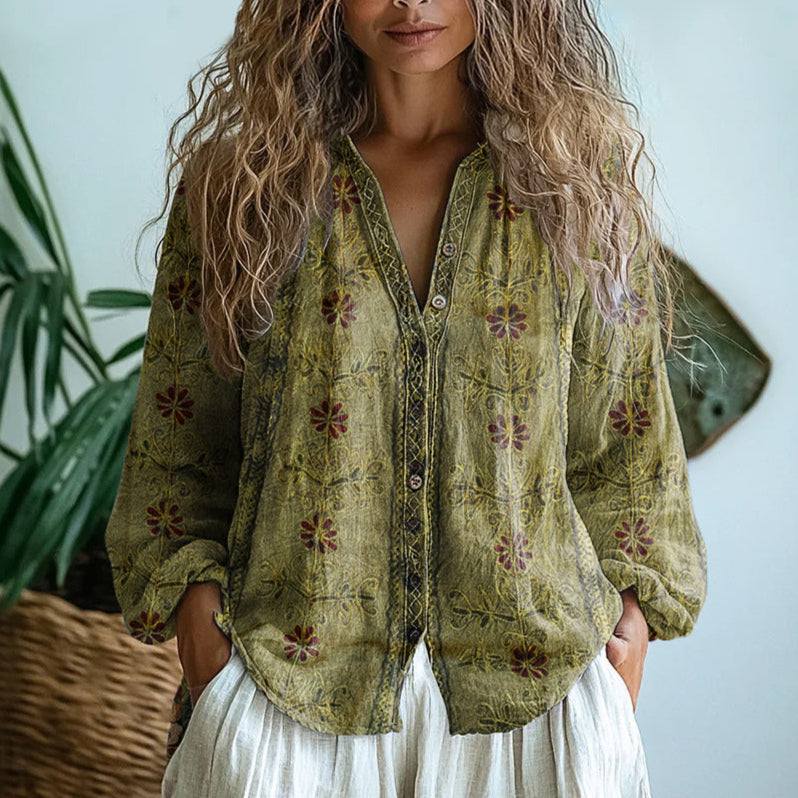 Blouse Ambre Vintage avec Imprimé Feuilles