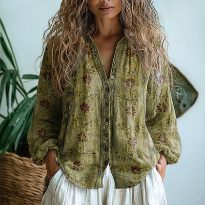 Blouse Ambre Vintage avec Imprimé Feuilles