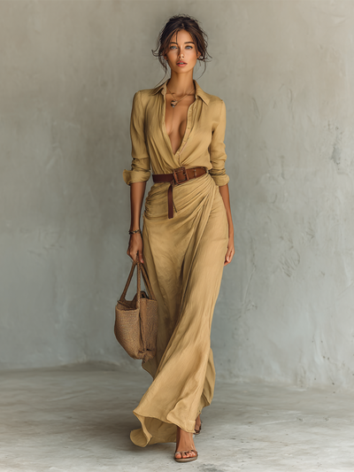 Robe Maxi Longue avec Col Revers Ceinture incluse