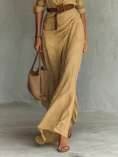 Robe Maxi Longue avec Col Revers Ceinture incluse