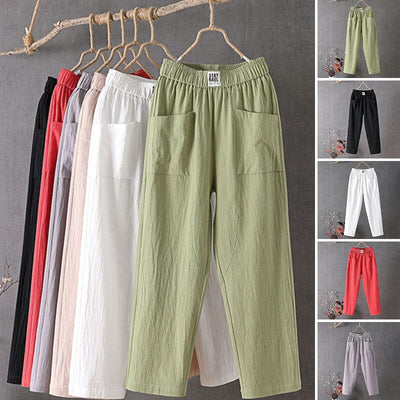 Pantalon décontracté en coton et lin avec taille élastique