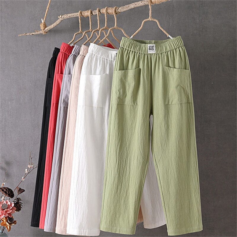Pantalon décontracté en coton et lin avec taille élastique