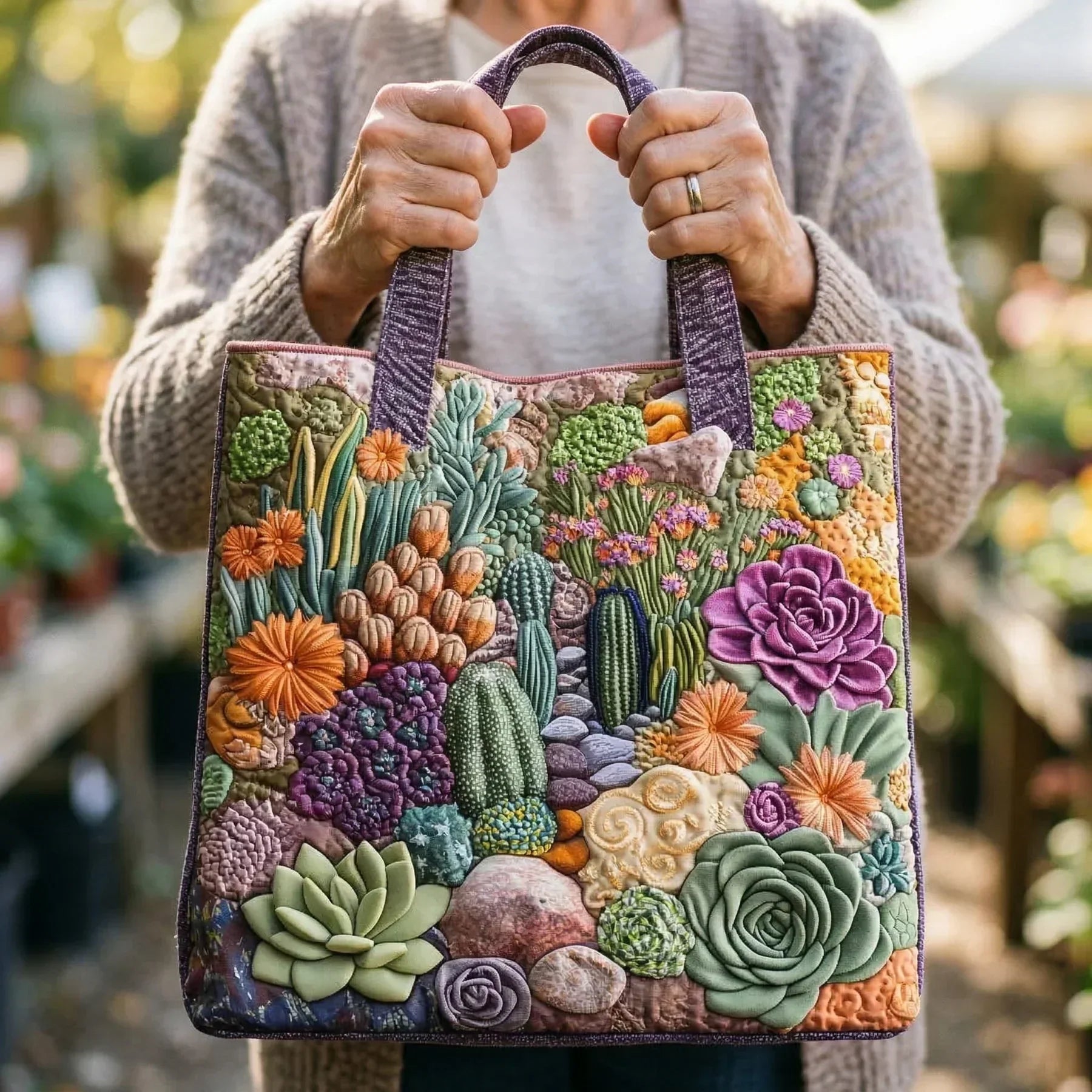 Sac Artisanal Jardin Succulentes - sac matelassé fait main