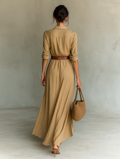 Robe Maxi Longue avec Col Revers Ceinture incluse